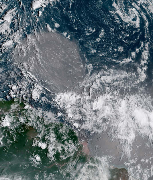 Visible satellite image of Saharan dust over the Atlantic Ocean