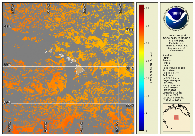 Map projection of sea surface temperature data over the Hawaiian islands