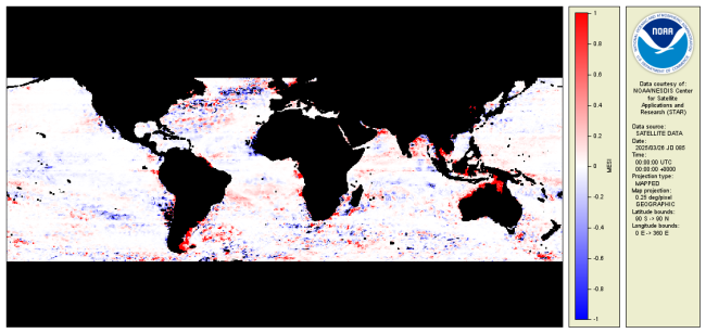 Global plot of MESI data from 26 March 2025, with values ranging from -1.0 to 1.0. Blue indicates values below 0, and red indicates values above 0.