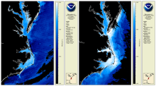 Two-panel map projection of depicting CoastWatch erosion via the CoastWatch sentiment index 