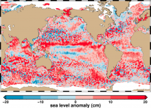 Global map projection displaying sea surface height anomalies